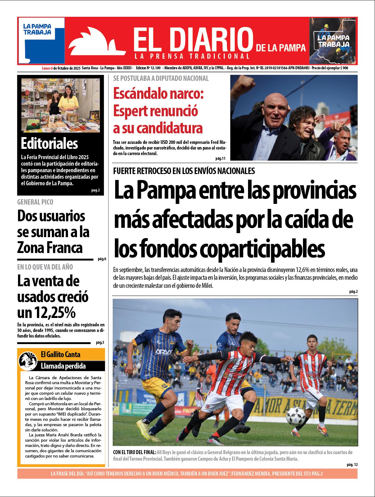 Tapa de El Diario en papel  lunes 06 de octubre de 2025